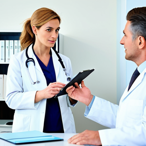 **

"A professional female doctor in a modest white coat, consulting with a fully clothed patient in a bright, modern clinic, appropriate attire, safe for work, perfect anatomy, natural proportions, professional setting, family-friendly, high quality"

**