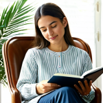 **

A woman sitting in a comfortable chair in a bright, sunlit room, fully clothed in modest, casual attire, holding a journal and pen, with a serene expression. Soft, natural lighting. Background features calming elements like plants and soft colors. Safe for work, appropriate content, perfect anatomy, natural proportions, professional, modest, family-friendly.

**