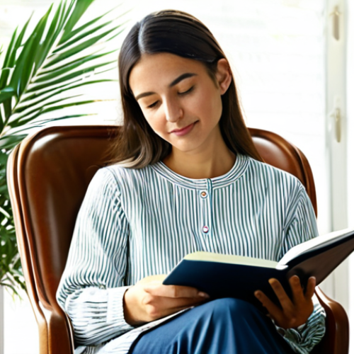 **

A woman sitting in a comfortable chair in a bright, sunlit room, fully clothed in modest, casual attire, holding a journal and pen, with a serene expression. Soft, natural lighting. Background features calming elements like plants and soft colors. Safe for work, appropriate content, perfect anatomy, natural proportions, professional, modest, family-friendly.

**