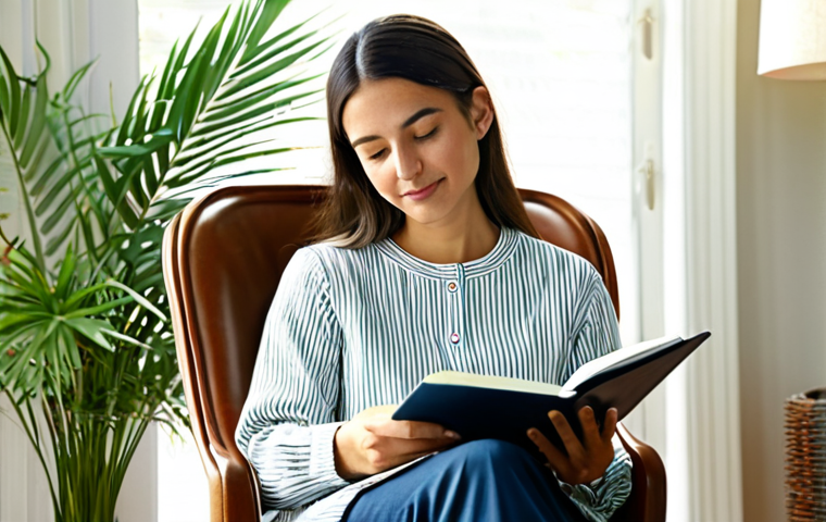 **

A woman sitting in a comfortable chair in a bright, sunlit room, fully clothed in modest, casual attire, holding a journal and pen, with a serene expression. Soft, natural lighting. Background features calming elements like plants and soft colors. Safe for work, appropriate content, perfect anatomy, natural proportions, professional, modest, family-friendly.

**