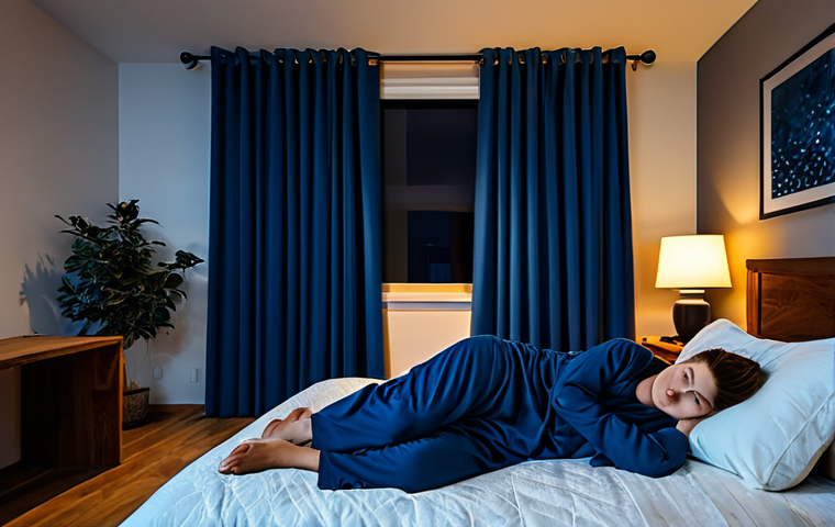 **

A cozy bedroom scene at night. Dark blue blackout curtains cover the window. A person is lying in bed wearing comfortable pajamas, with earplugs visible on the nightstand. Soft lighting from a bedside lamp creates a calming atmosphere. safe for work, appropriate content, fully clothed, modest, perfect anatomy, natural proportions, professional interior design photography, high quality.

**