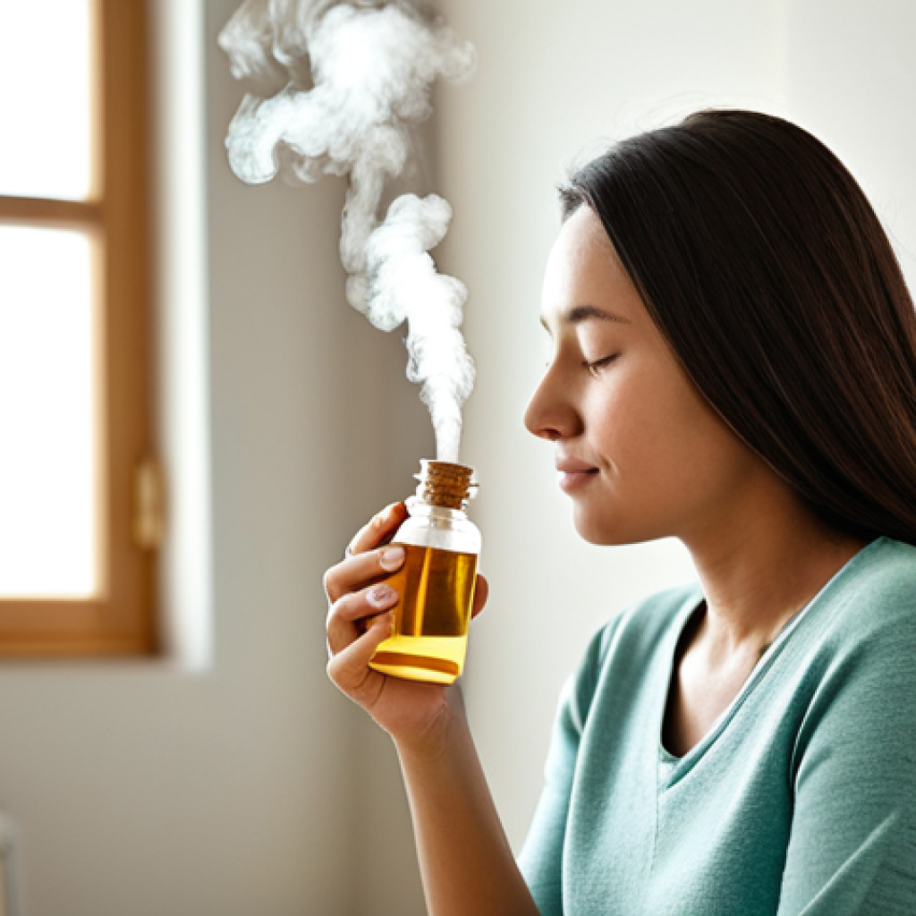 스트레스성 두통 치료법 - Aromatherapy for Stress Relief**

"A serene woman in comfortable, modest clothing, relaxing in a sof...