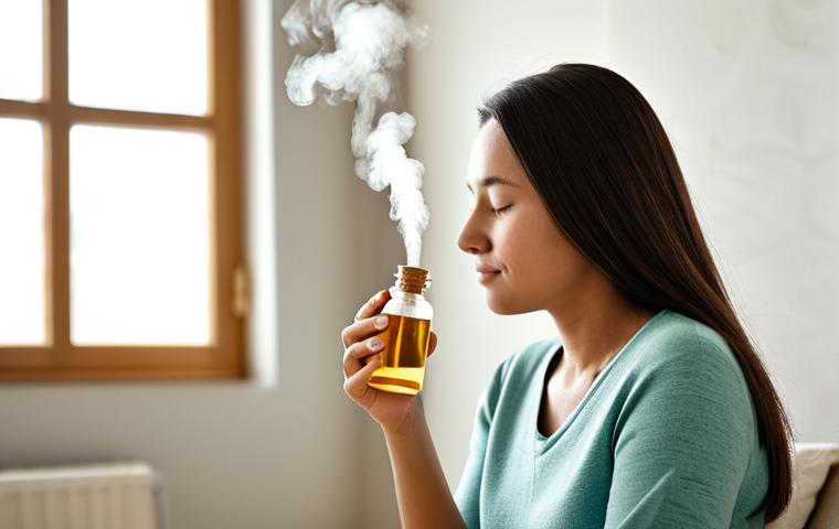 스트레스성 두통 치료법 - Aromatherapy for Stress Relief**

"A serene woman in comfortable, modest clothing, relaxing in a sof...