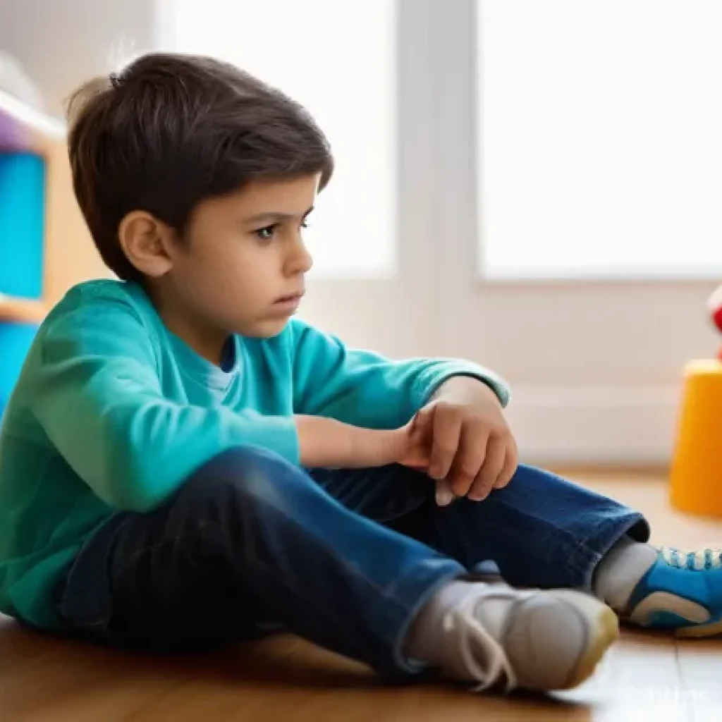소아 우울증 완치 사례 - A young child, around 8-10 years old, sitting alone in their room with a somber expression, looking ...