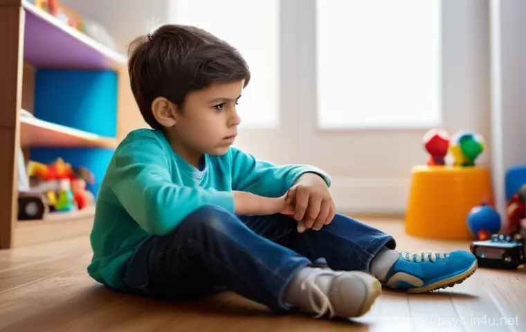 소아 우울증 완치 사례 - A young child, around 8-10 years old, sitting alone in their room with a somber expression, looking ...