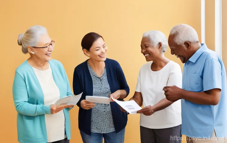우울증 환자 지원 프로그램 - A group of diverse senior citizens, including a 56-year-old and a 66-year-old, smiling and actively ...