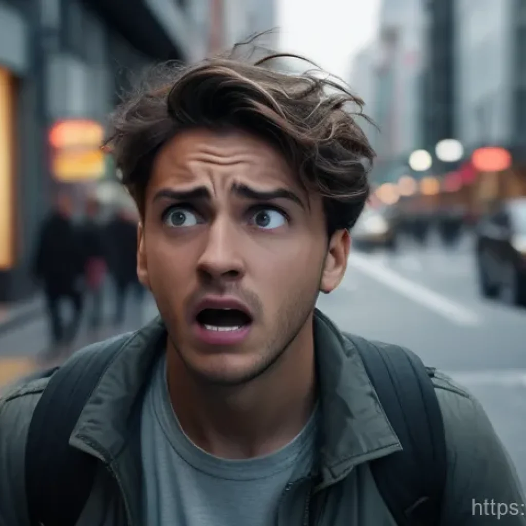 공황장애 치료 후기 - A young adult, appearing overwhelmed and distressed, clutches their chest in a bustling, slightly bl...