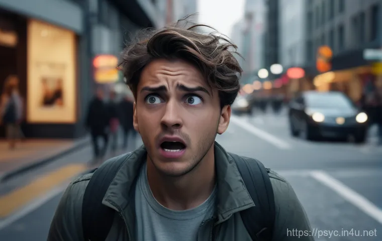 공황장애 치료 후기 - A young adult, appearing overwhelmed and distressed, clutches their chest in a bustling, slightly bl...