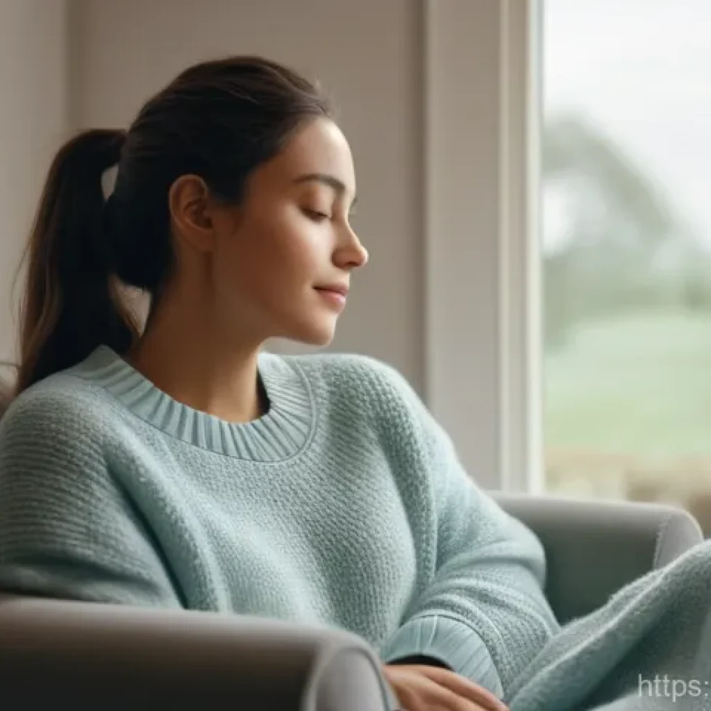 정신건강 자가 관리 팁 - A young woman, dressed in comfortable and modest loungewear (such as a soft, oversized sweater and r...