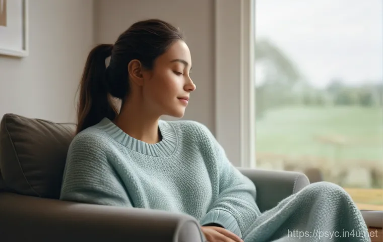 정신건강 자가 관리 팁 - A young woman, dressed in comfortable and modest loungewear (such as a soft, oversized sweater and r...