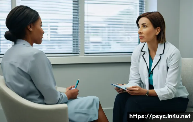 우울증 약물 치료 주의사항 - A thoughtfully composed scene inside a bright, modern therapist's office. A female patient in her la...